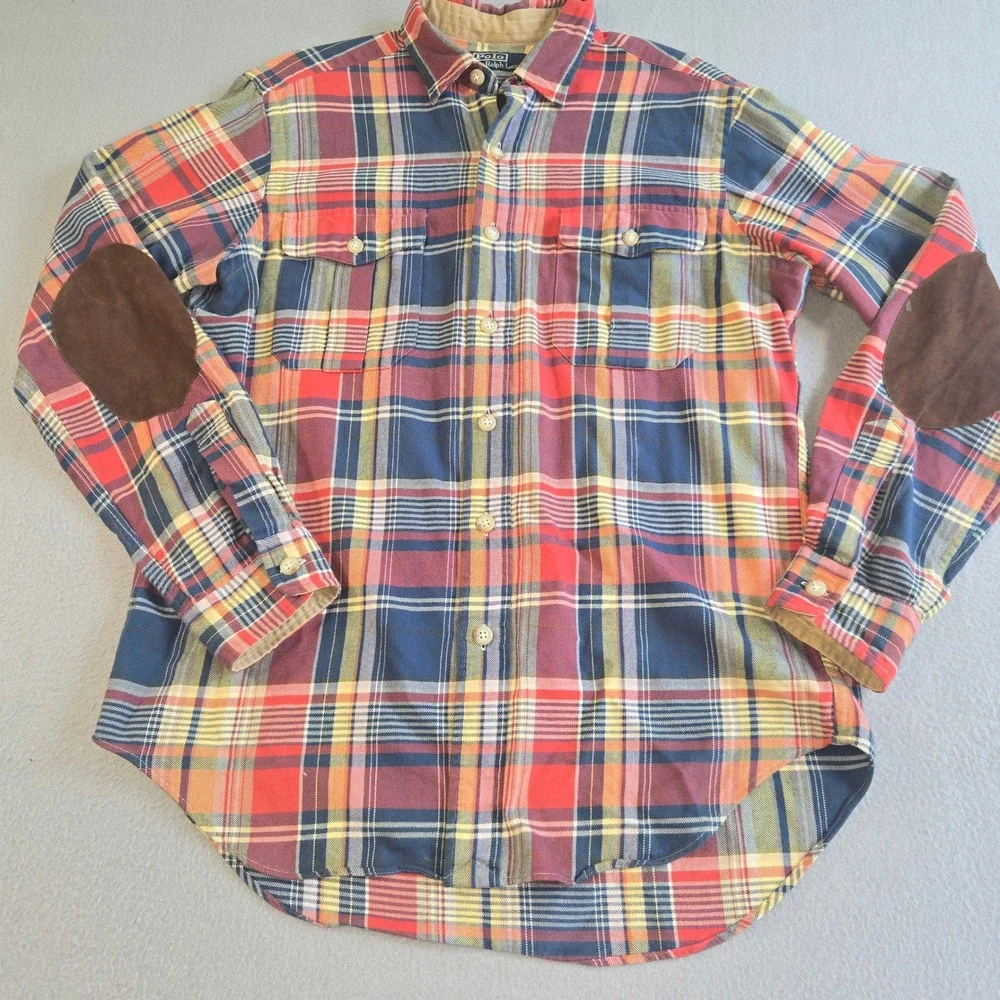 Polo Ralph Lauren Button Down Mens M Multicolor Plaid Suede Elbow Patches Cotton